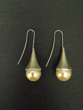 Metal Cone Drop Earrings with Champagne Pearl